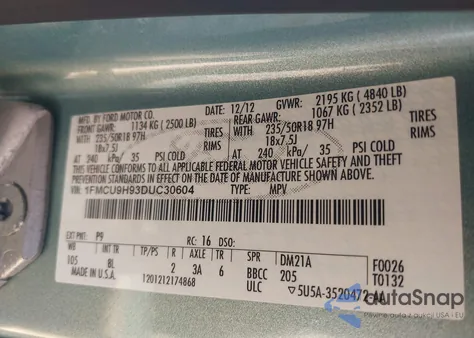 2013 Ford Escape Sel from USA, damaged, VIN 1FMCU9H93DUC30604